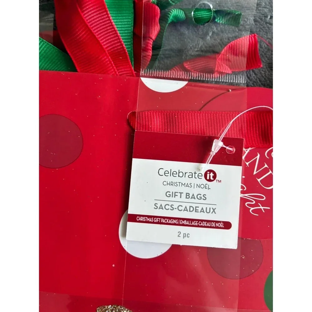 Set of 10 Christmas Gift Bags Red Green Polka Dot Holiday Bags 9.5”